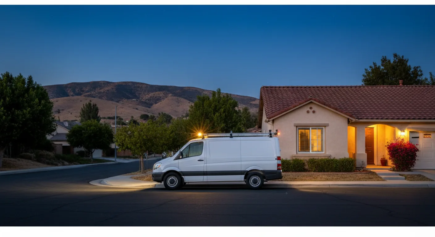 Una van de servicio de plomería con luces de trabajo nocturno estacionada frente a una casa en Temecula al anochecer, transmitiendo respuesta de emergencia las 24 horas, fotorrealista.
