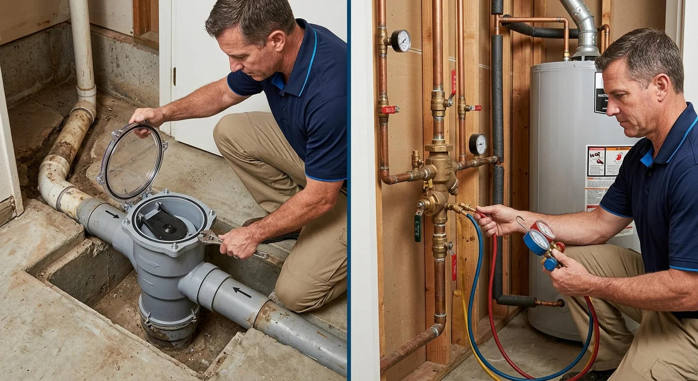 Residential sewer backwater valve beside a water backflow prevention device