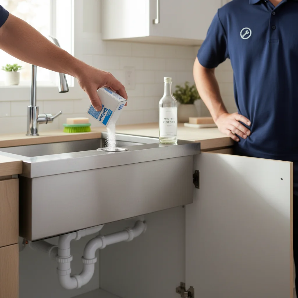 A kitchen sink with baking soda being poured down the drain, a bottle of vinegar nearby.