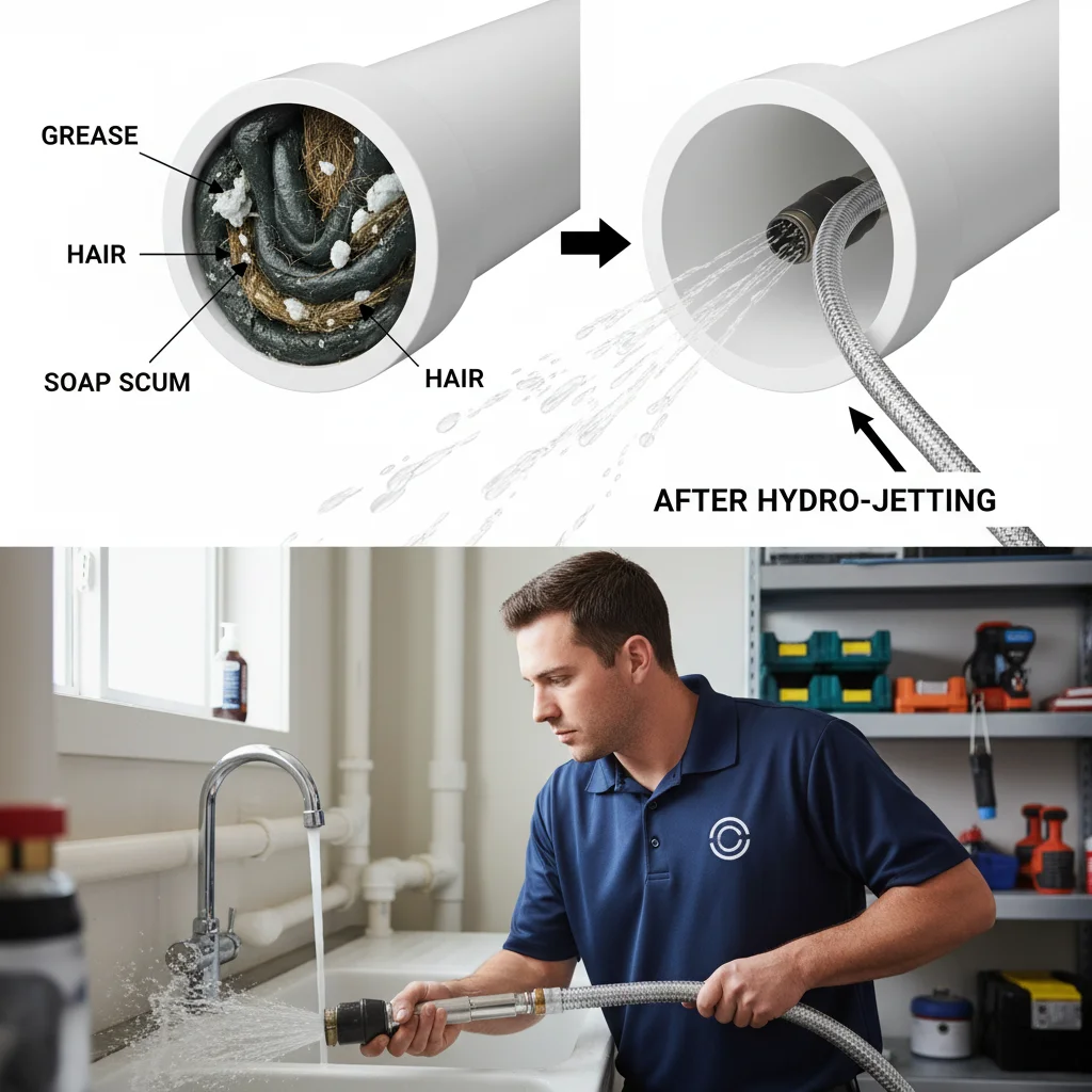 Diagram comparing a pipe clogged with grease and hair to a clean one after hydro-jetting.