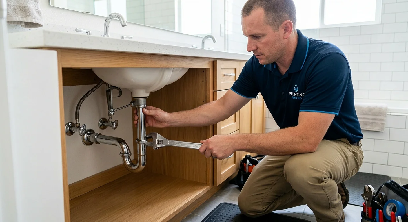 A professional plumber tightening a connection under a clean bathroom sink in a bright El Cajon home, focused and efficient, photorealistic.