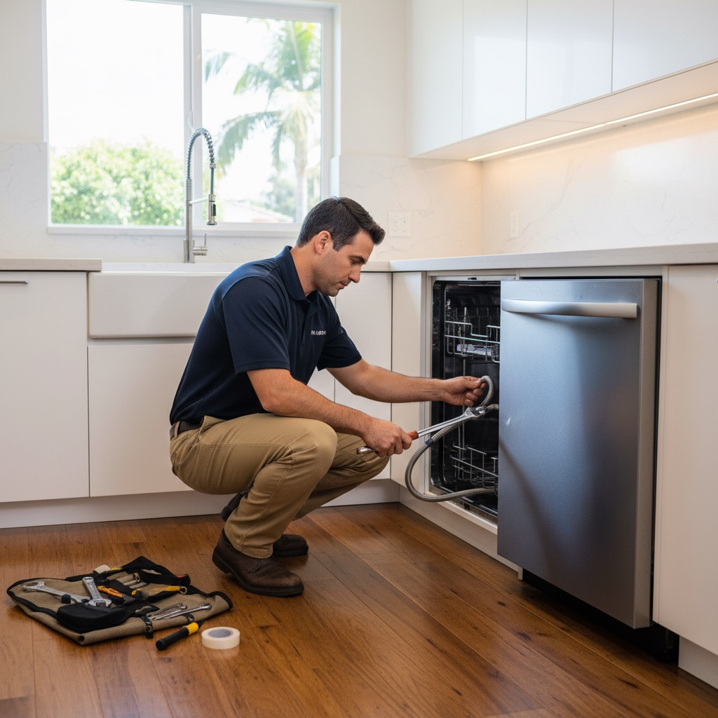 Plumber connecting water supply line during dishwasher installation in San Diego kitchen