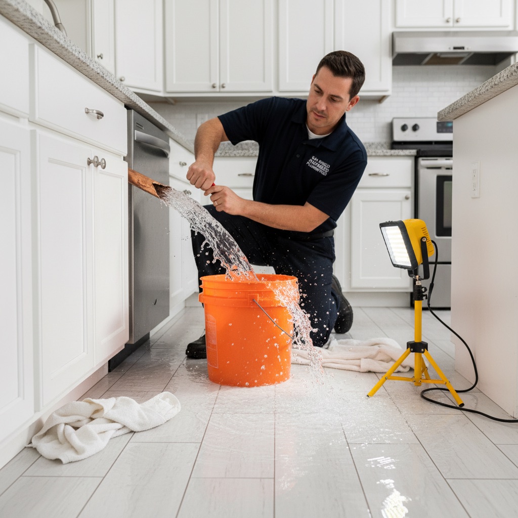 Emergency plumber responding to burst pipe in San Diego home