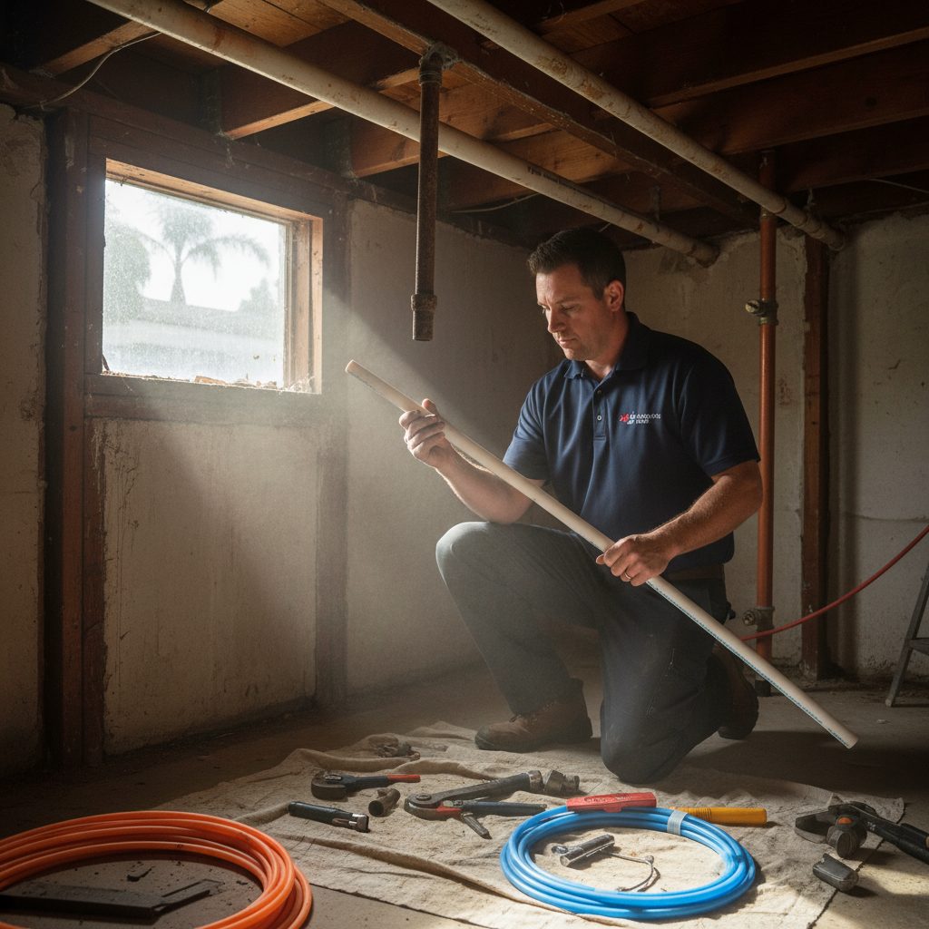 Plumbing technician inspecting corroded galvanized pipes in a San Diego home basement.