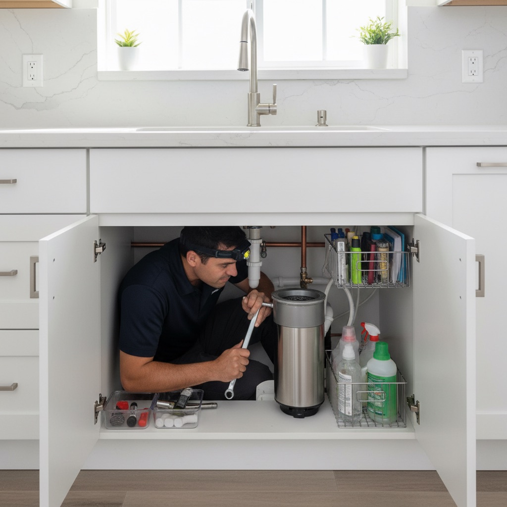 Plumber servicing garbage disposal under kitchen sink in San Diego home