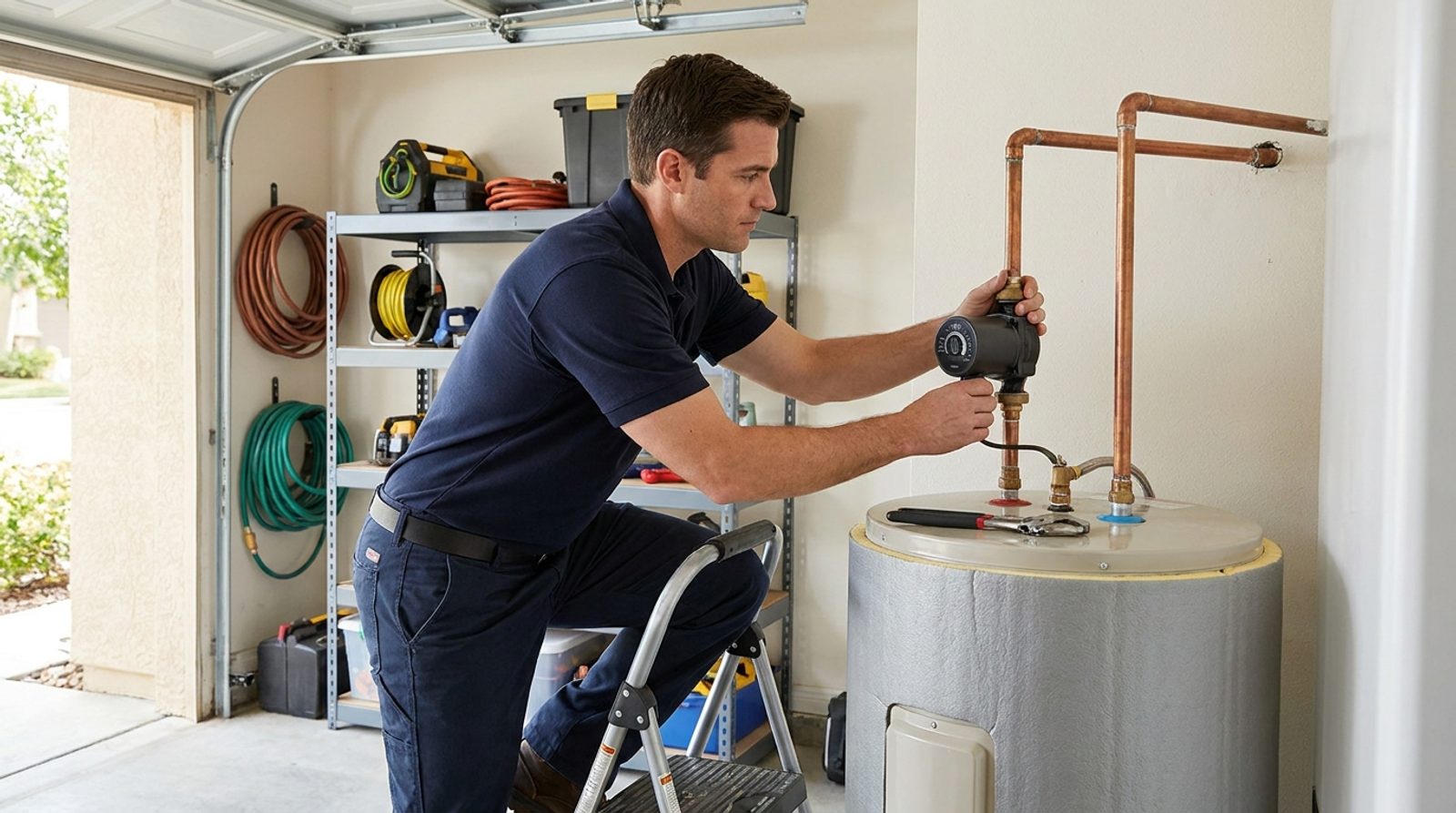 Hot water recirculation pump mounted on a water heater in a San Diego garage