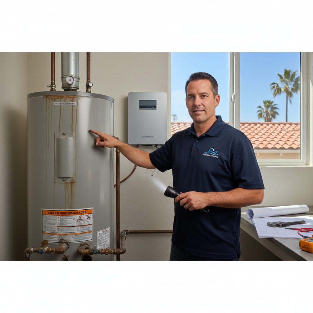 A plumber inspecting a traditional tank water heater in a San Diego home, assessing its condition.