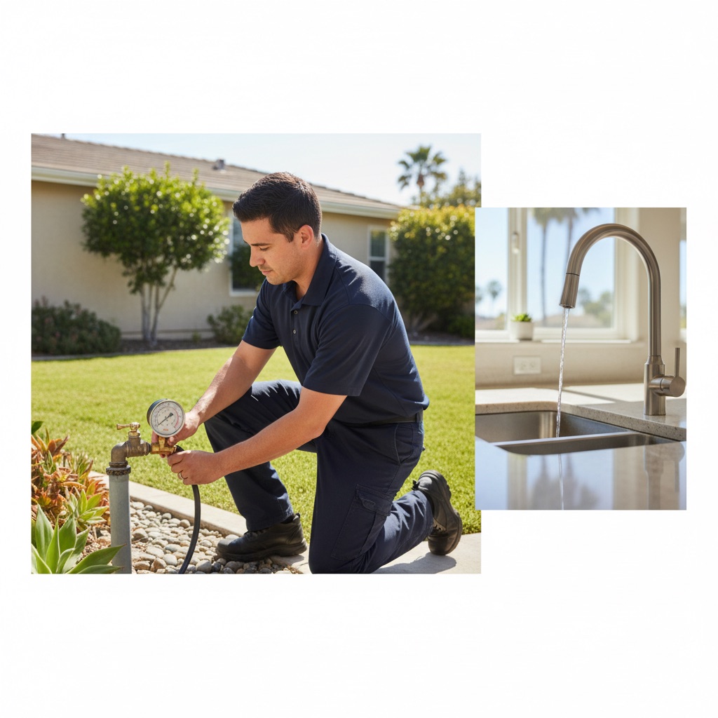Plumber testing water pressure at San Diego home outdoor faucet