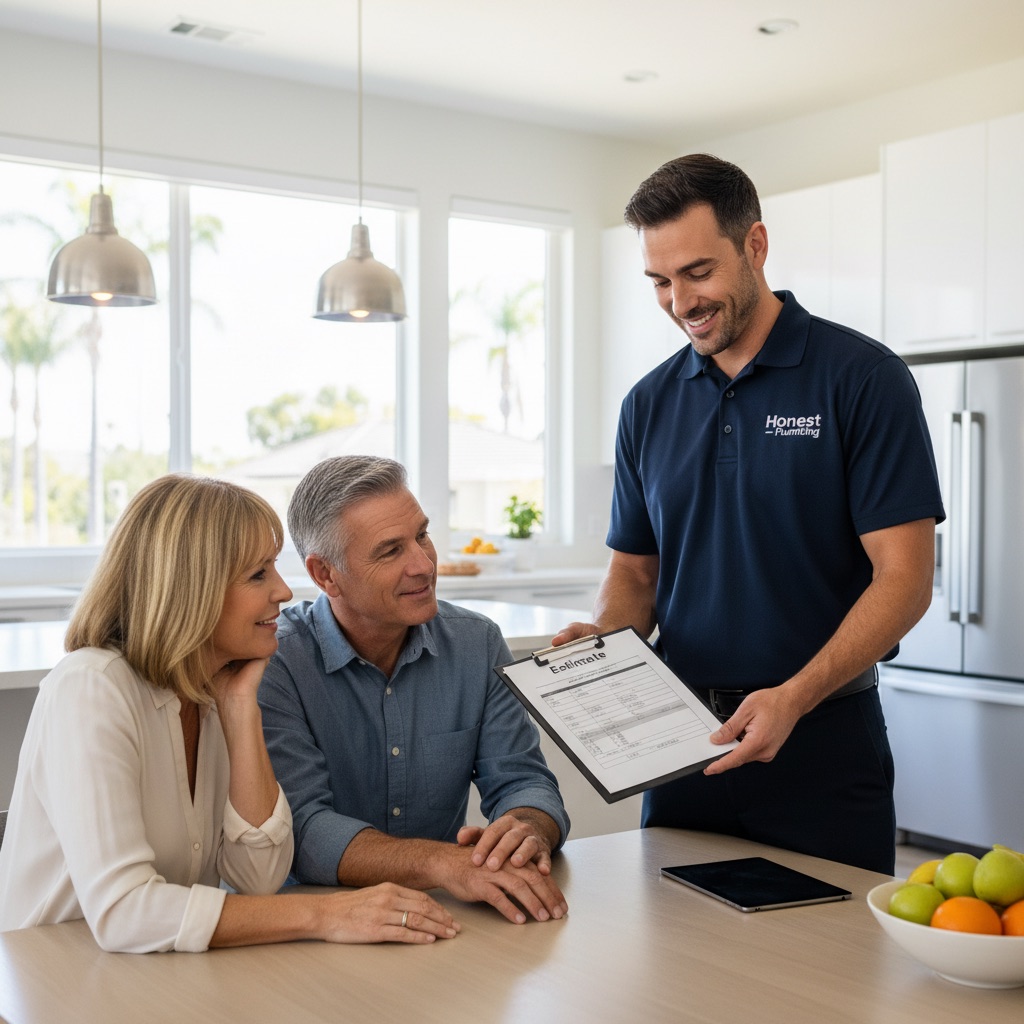 Plumber presenting written estimate to San Diego homeowners