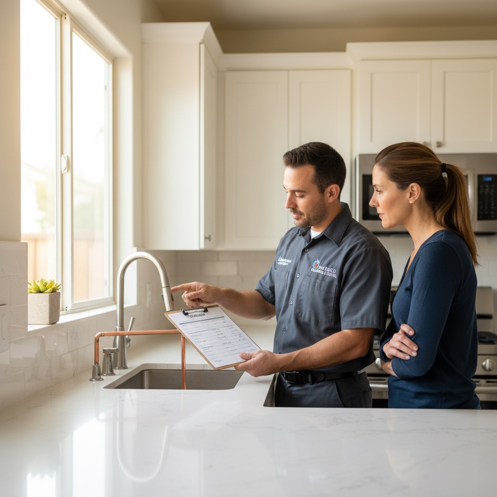 Plumber explaining costs to homeowner in San Diego