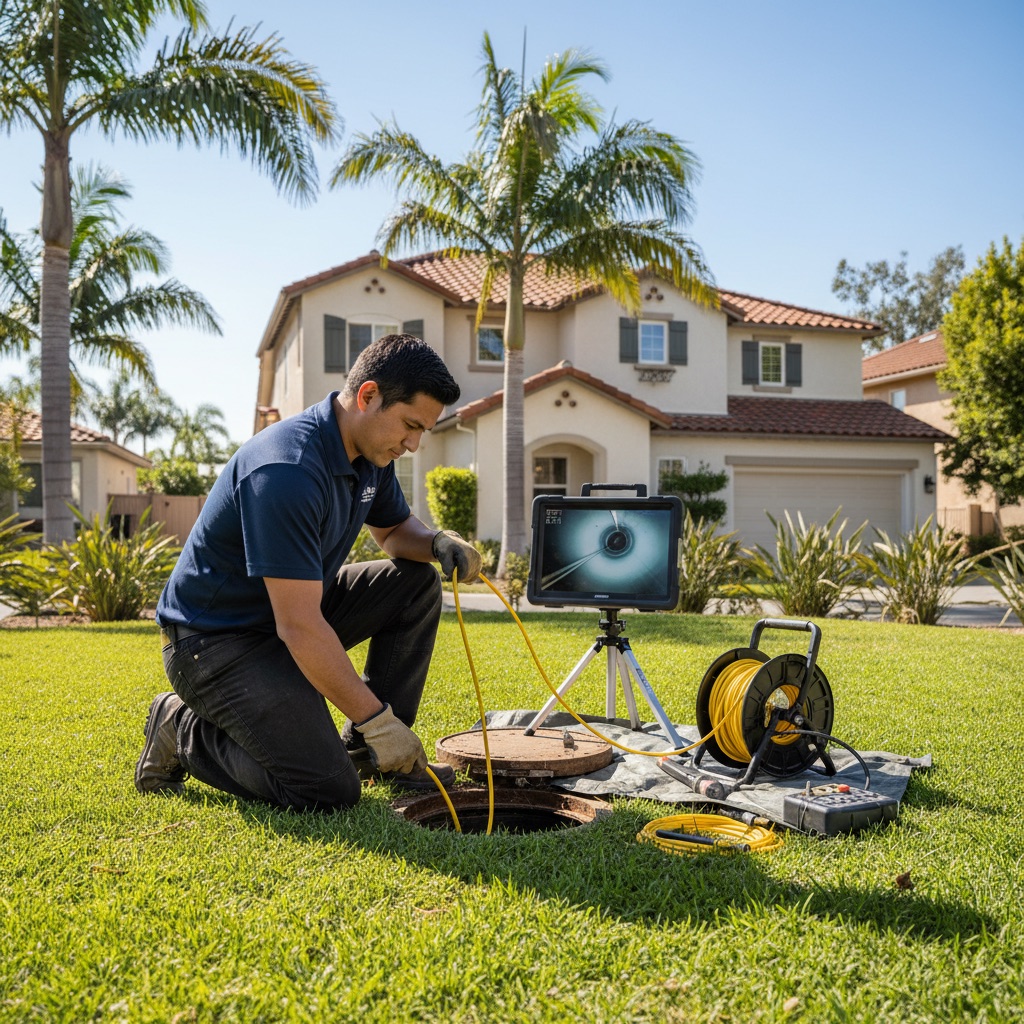 Plumber performing sewer camera inspection at San Diego home