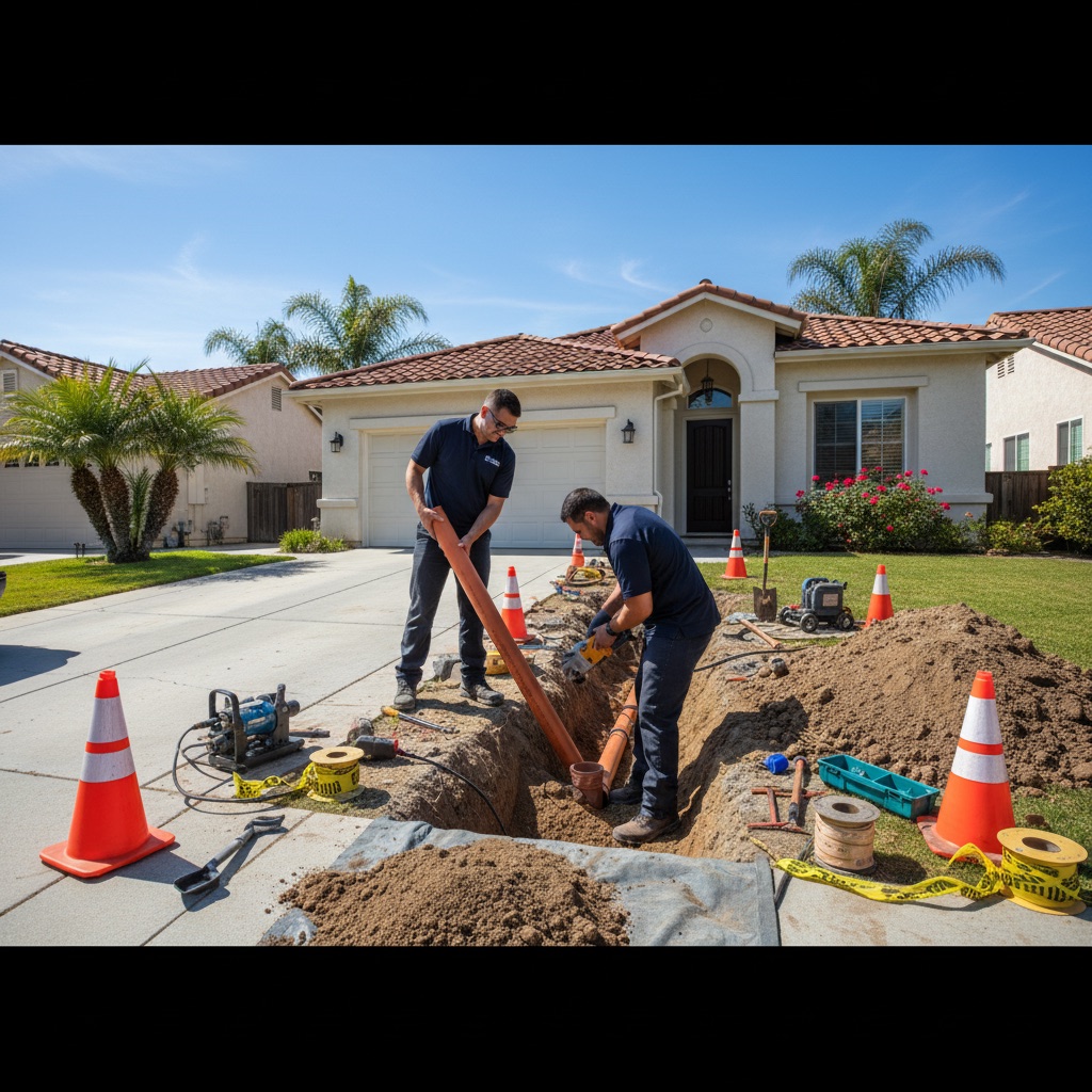 Sewer line repair crew working at San Diego residential property