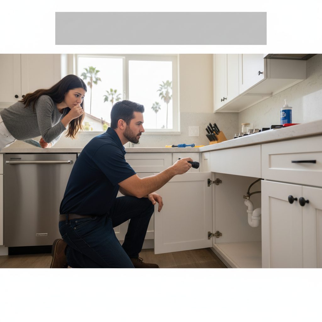 Plumbing technician using specialized equipment to inspect a drain line for the source of a sewer smell in a San Diego home