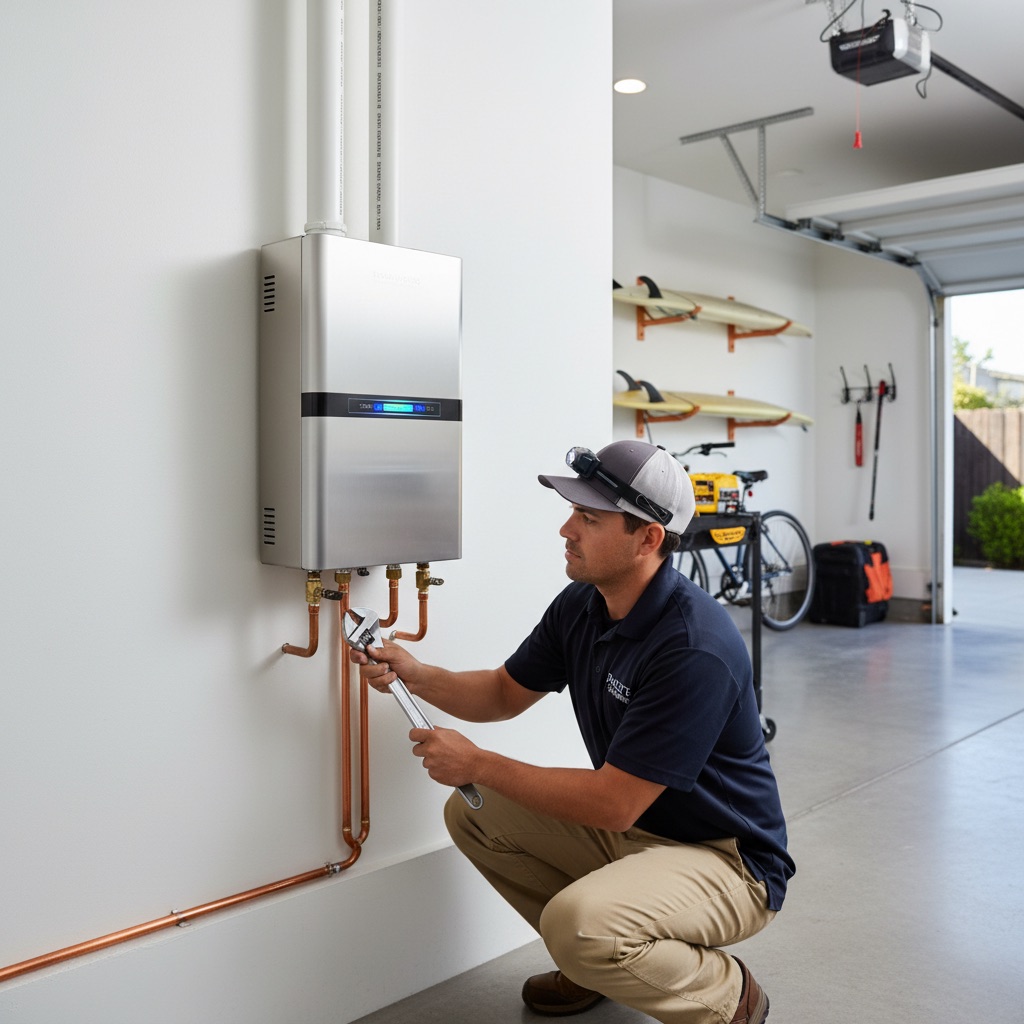 Plumber repairing a tankless water heater mounted on wall in San Diego home