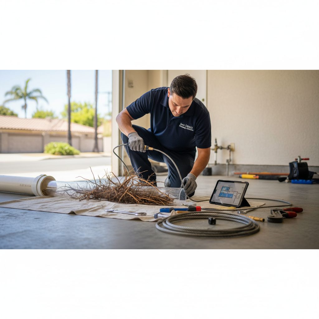 Severely damaged sewer pipe showing extensive tree root infiltration, typical in older San Diego homes.