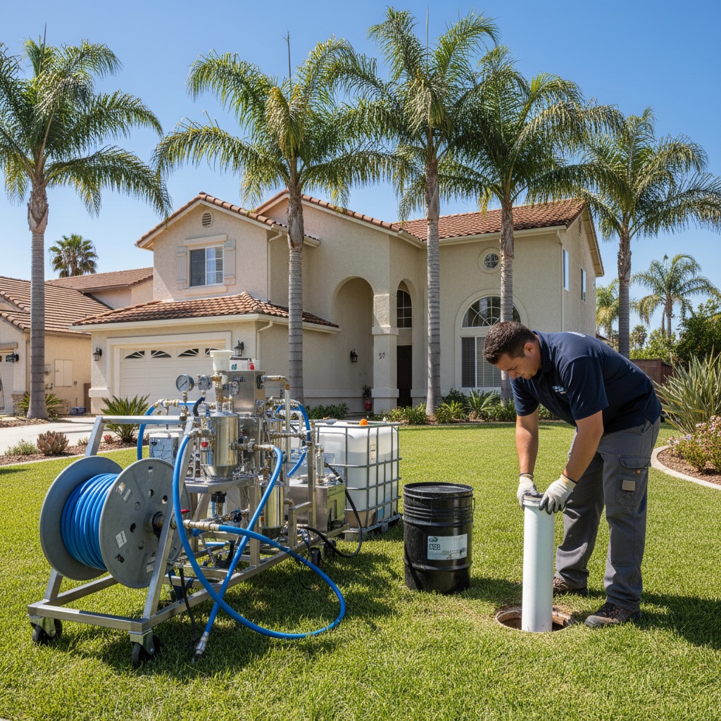 Trenchless sewer pipe lining equipment at San Diego residential property