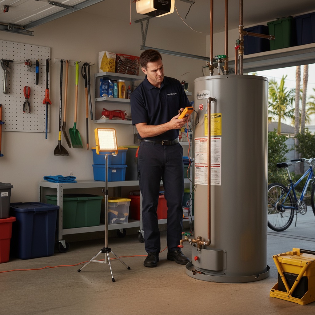 Plumber diagnosing a water heater that's not working in San Diego garage