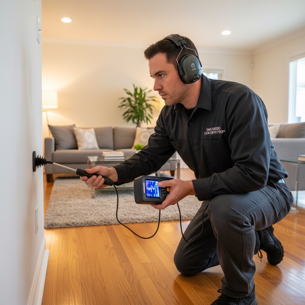 Plumber using electronic leak detection equipment in San Diego home