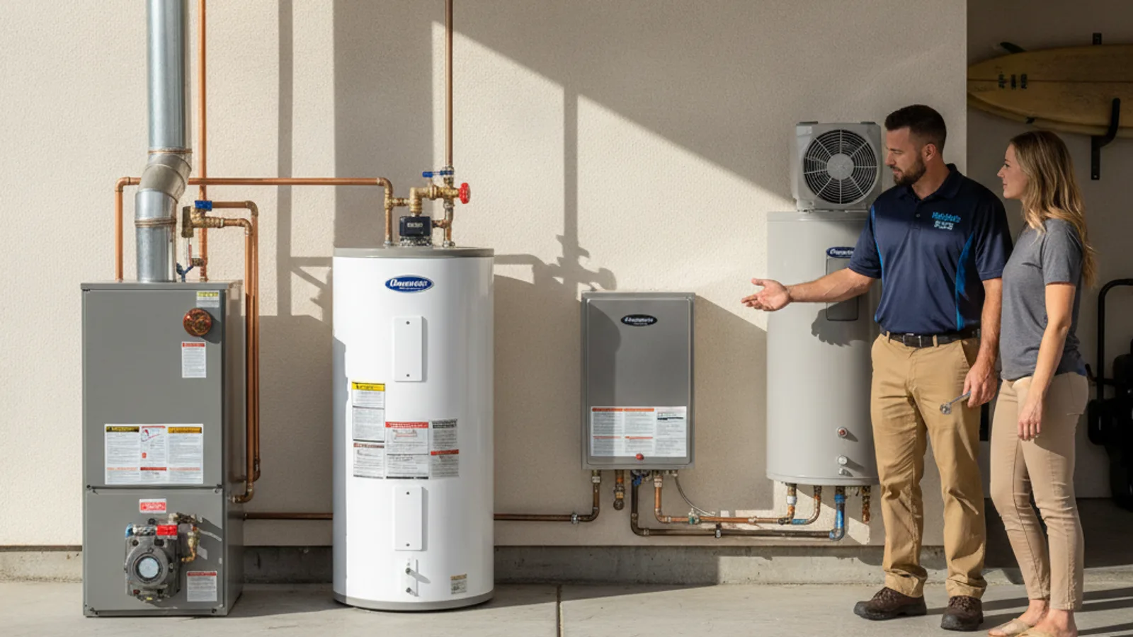 Four home water and space heating appliances arranged for visual identification