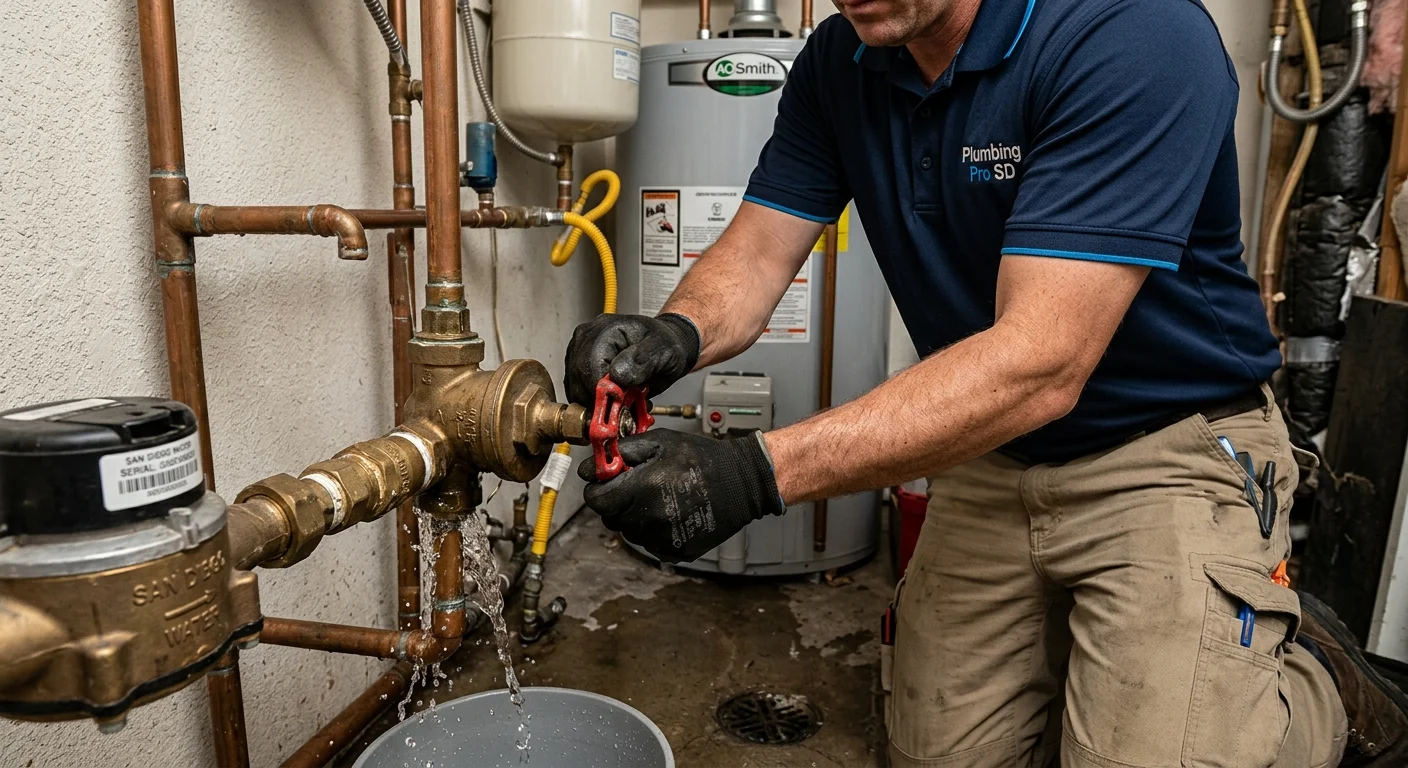 A plumber's hands shutting off a home's main water valve quickly, urgency in the moment, indoor utility area, photorealistic