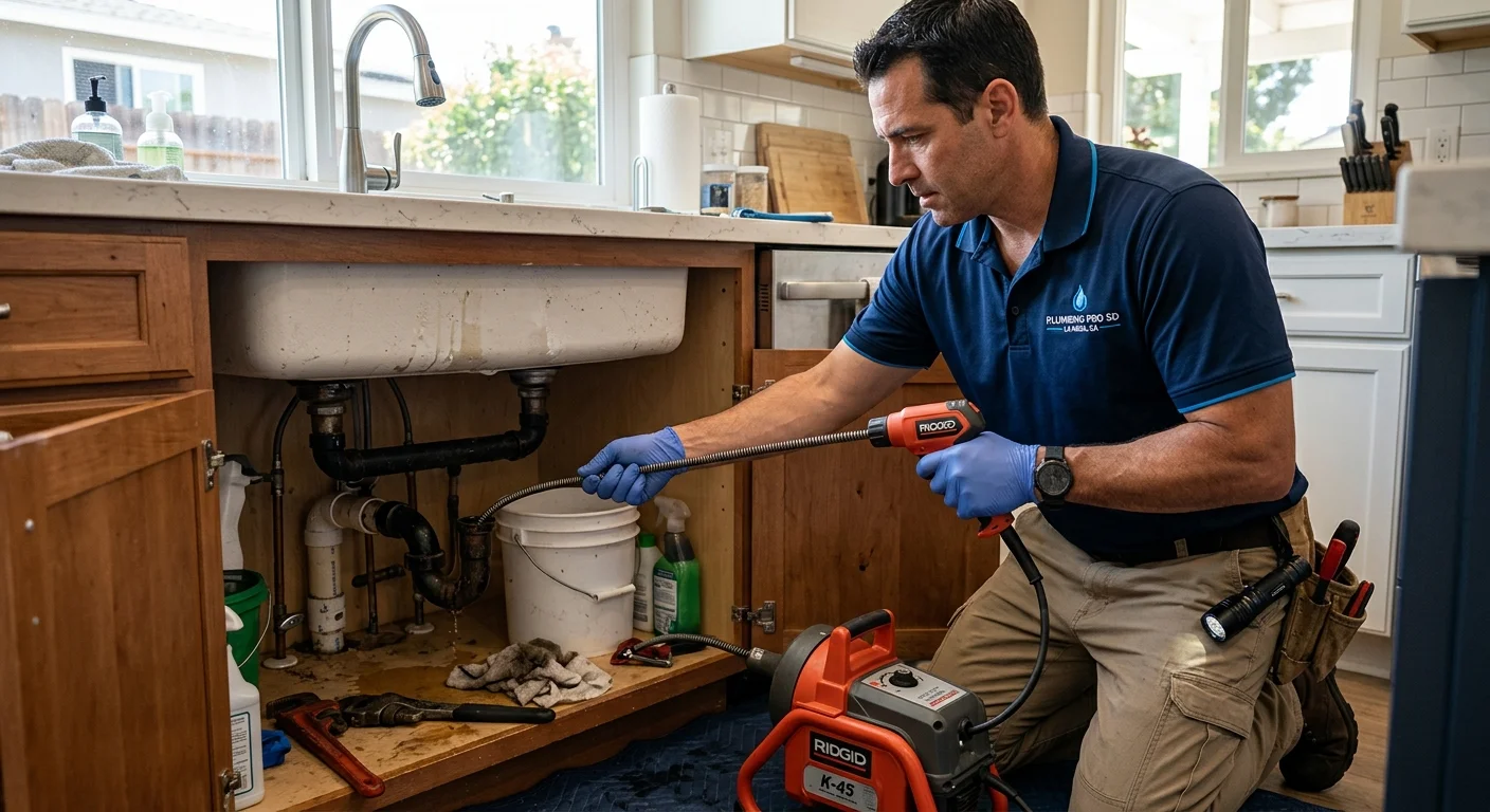 A professional plumber using a drain snake to clear a clogged kitchen sink in a sunny La Mesa home, focused on the work, photorealistic.