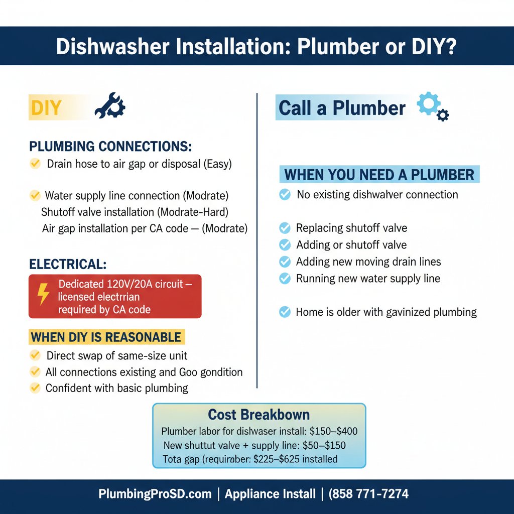 Infographic: what's involved in dishwasher installation in San Diego — plumber vs DIY, costs, and requirements