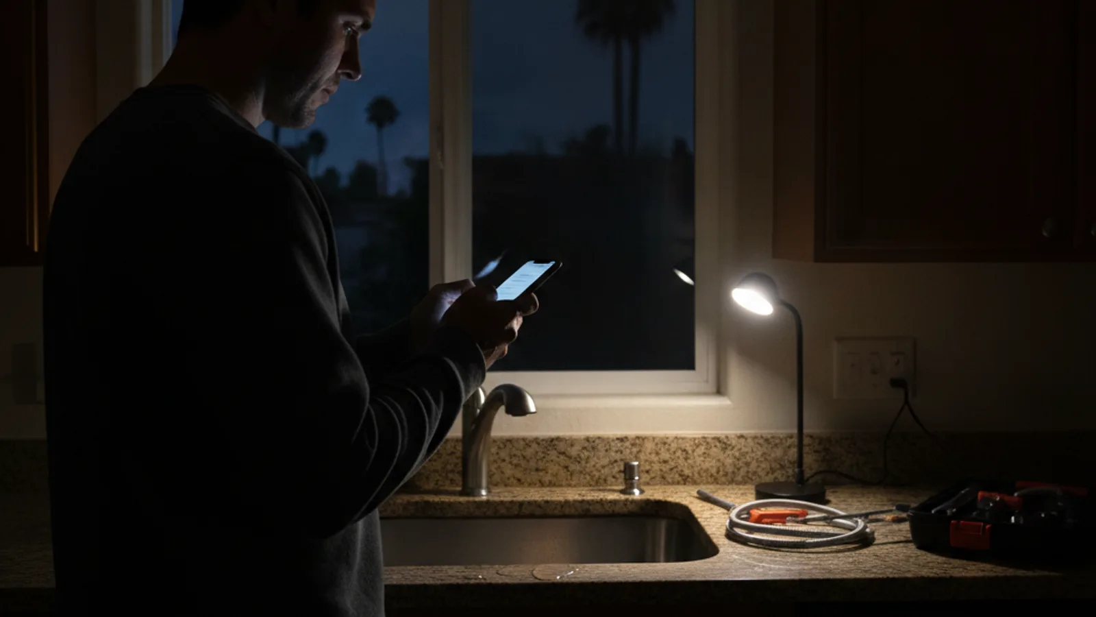 A homeowner checking a phone in a dim kitchen late at night near a sink