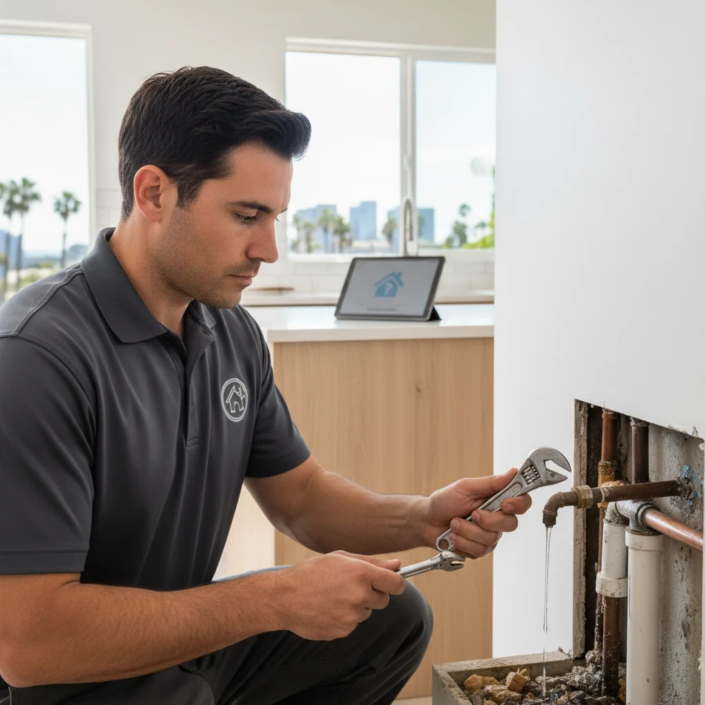Plumber inspecting a water leak behind a wall in a San Diego condo unit