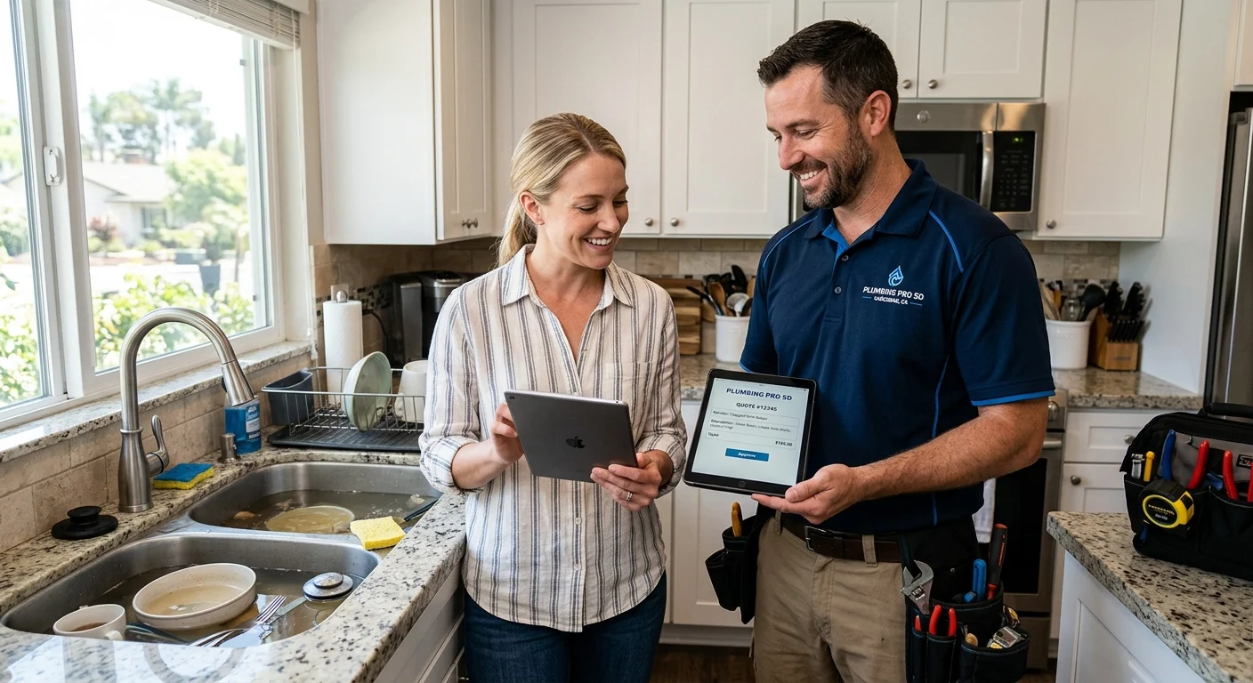 A plumber providing a transparent quote on a tablet to a homeowner in a bright Carlsbad kitchen, with a clogged sink visible, professional and friendly interaction, photorealistic.