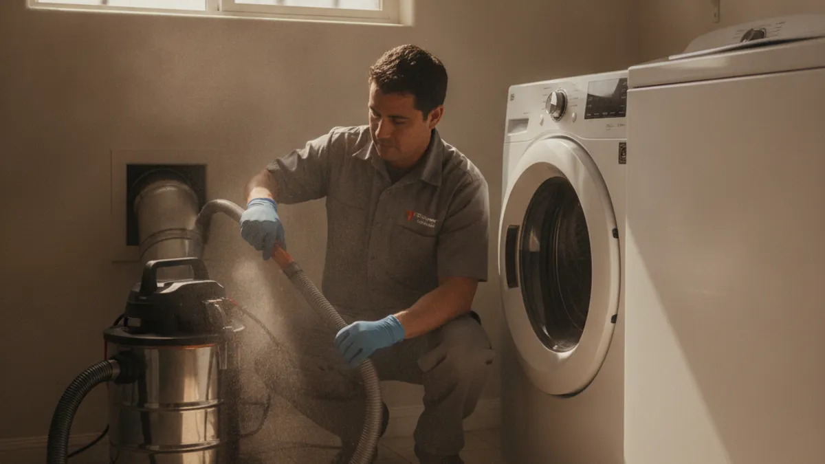 A technician cleaning lint buildup from a rigid metal dryer vent duct in a San Diego laundry room