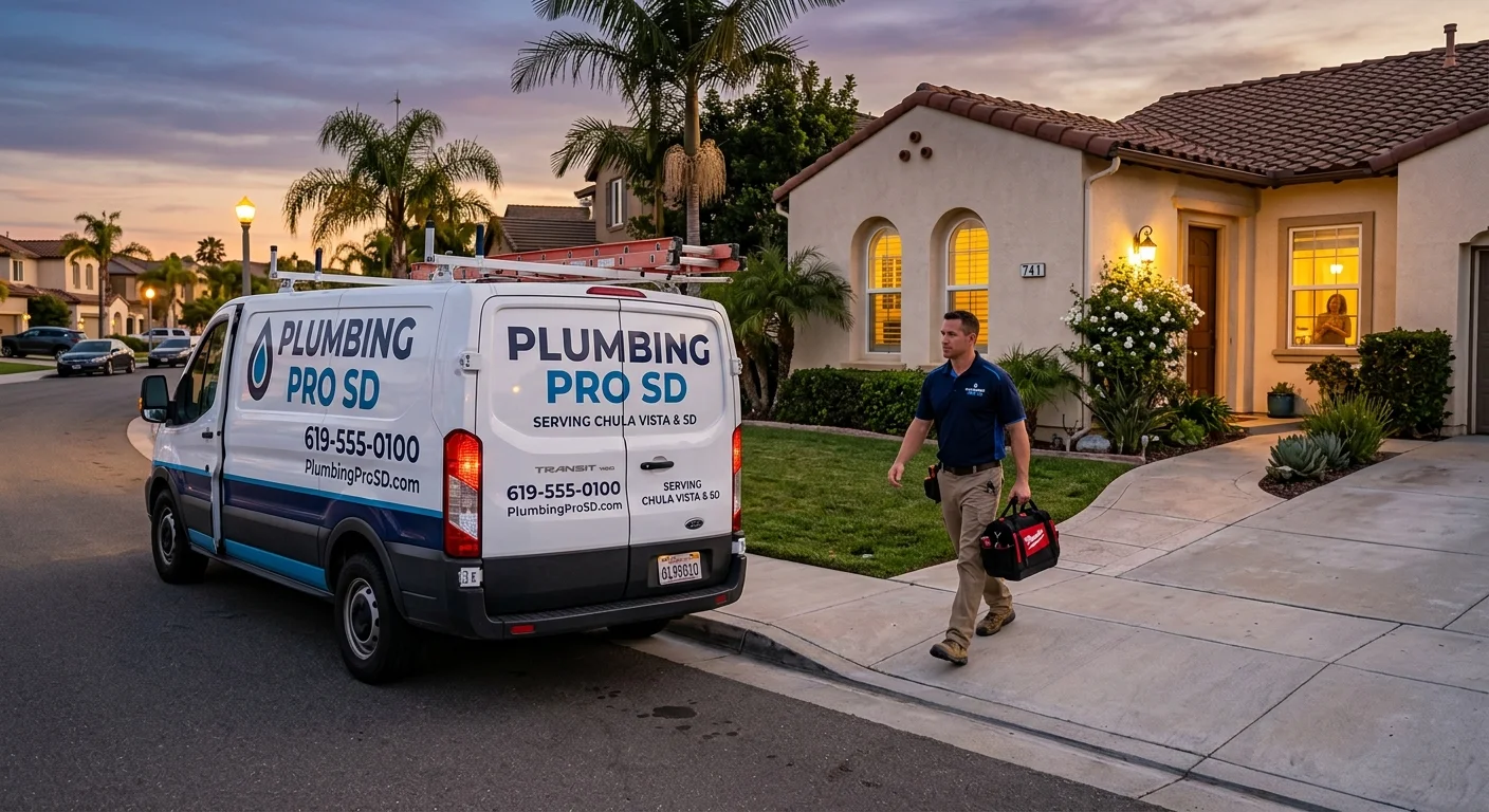 A plumbing service van parked outside a Chula Vista home at dusk, a plumber walking to the door with a toolbag