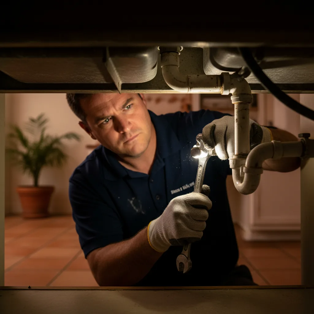 A plumber's hands working under a sink with a flashlight at night, urgency, warm light
