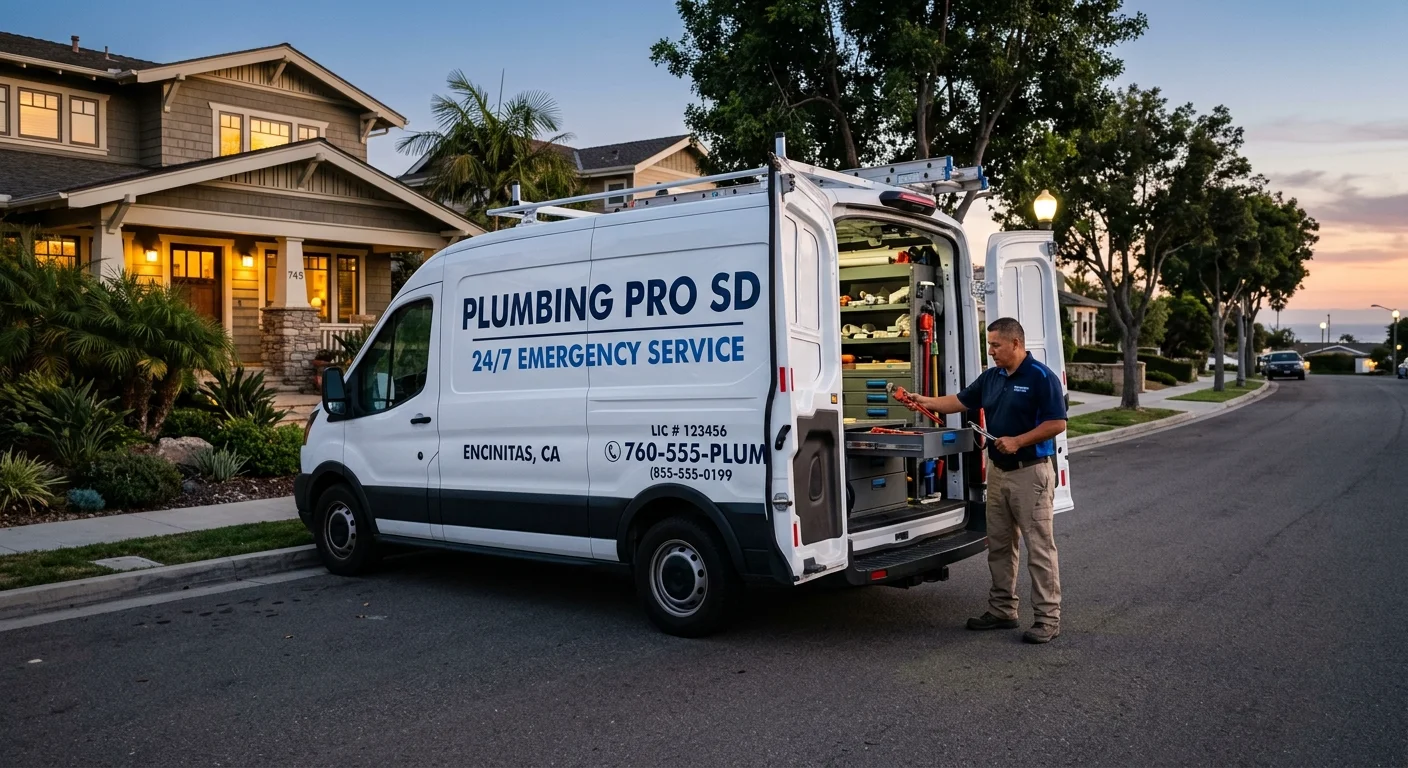 A clean plumbing service van with '24/7 Emergency Service' visible on the side, parked on a quiet residential street in Encinitas at dusk, photorealistic.