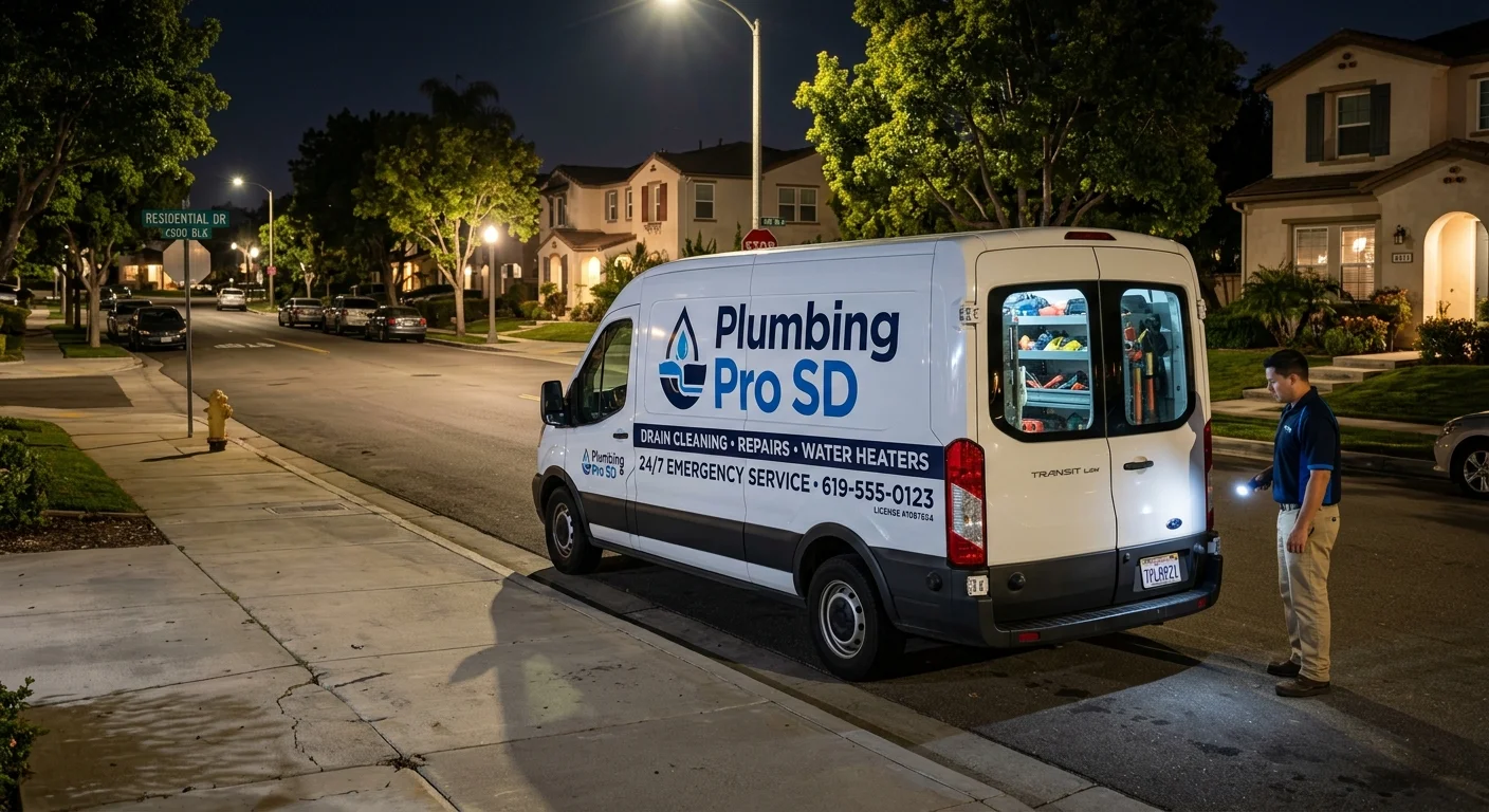 A clean plumbing van parked on a residential street in La Mesa at night, with '24/7 Emergency Service' clearly visible.