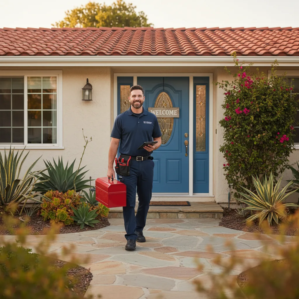 A friendly, uniformed plumber arriving at a front door in La Mesa, carrying a tool bag, reassuring a homeowner, night scene.