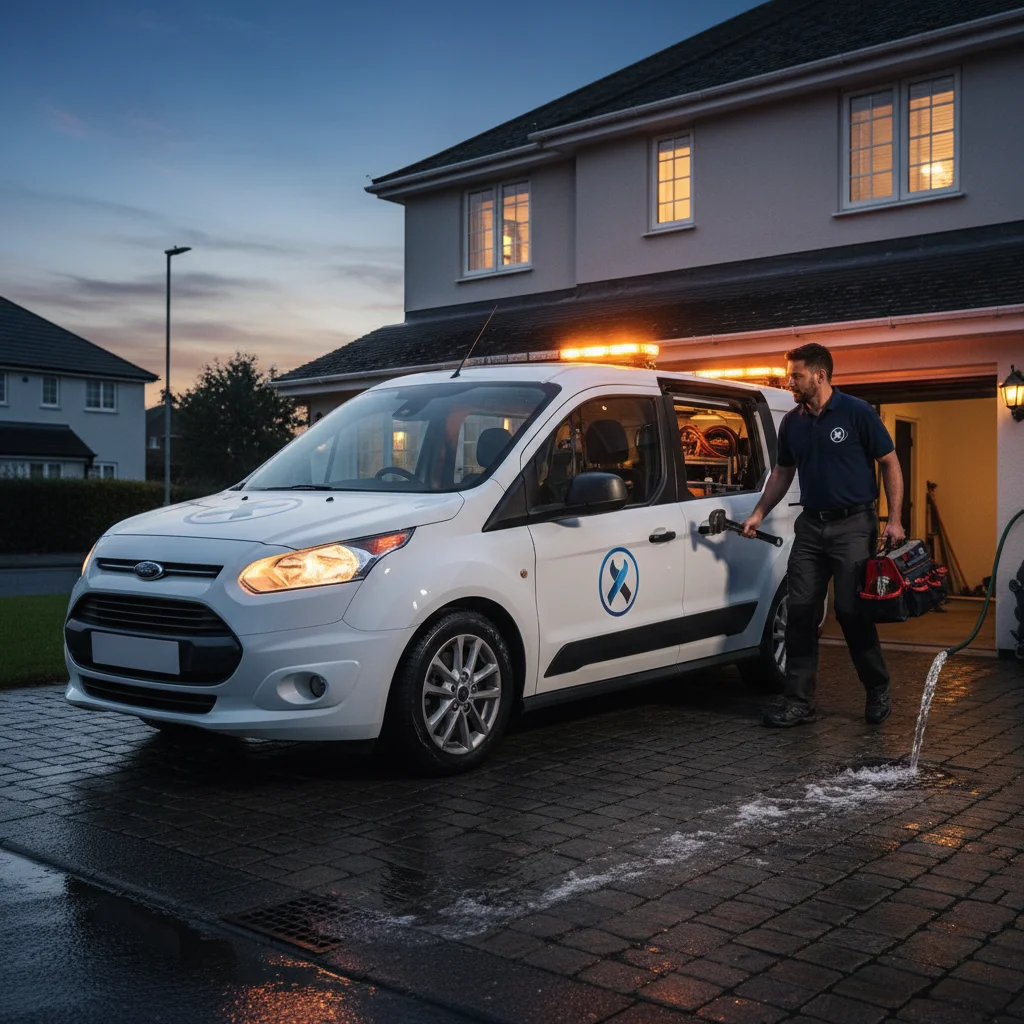 A plumbing service van with hazard lights on parked in a residential driveway at dusk