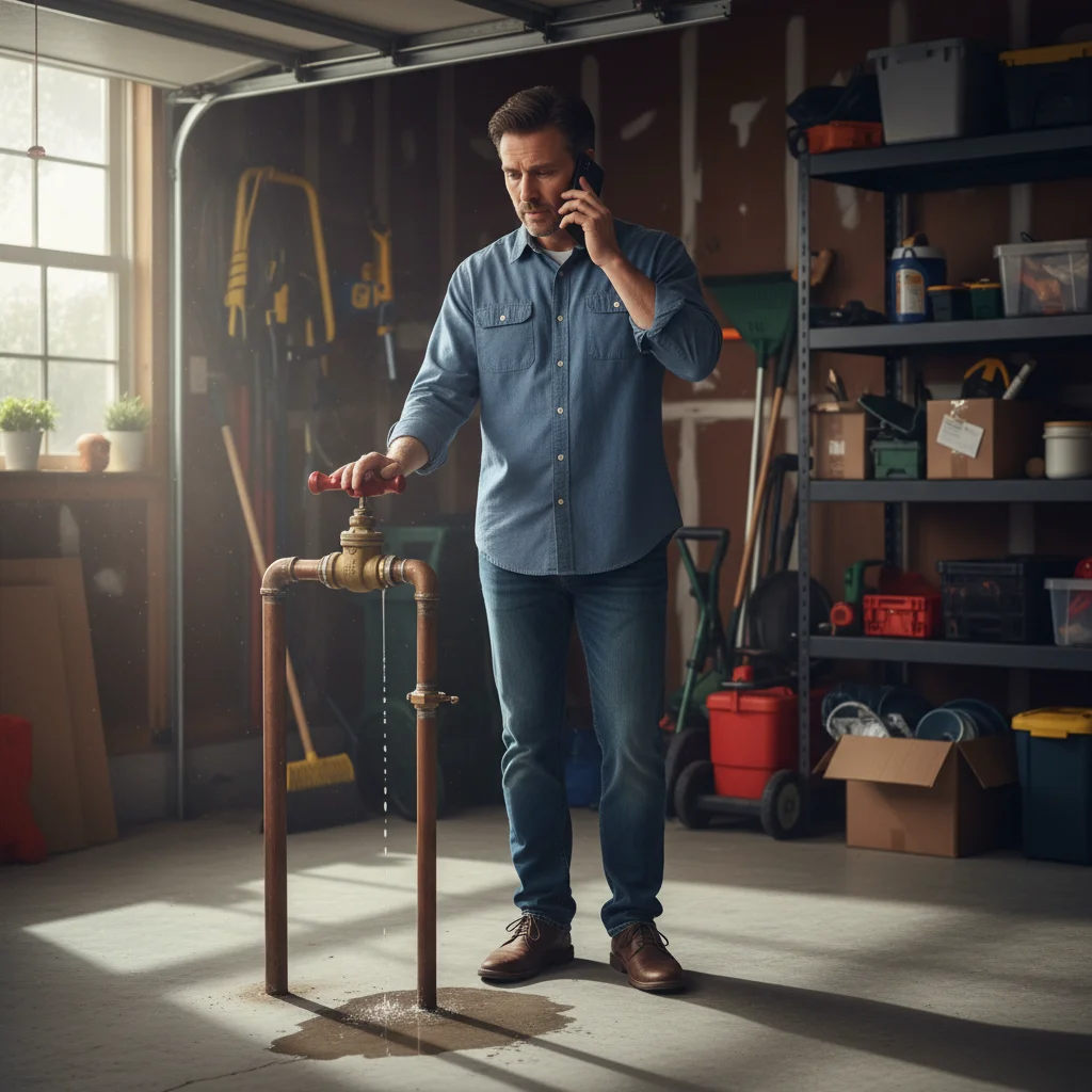 A homeowner on the phone next to a water shutoff valve in a garage, looking calm but concerned