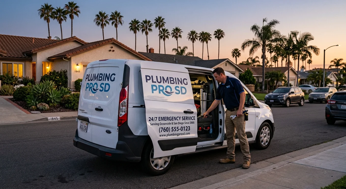A plumber's van with '24/7 Emergency Service' on the side, parked on a residential street in Oceanside at dusk with palm trees in the background