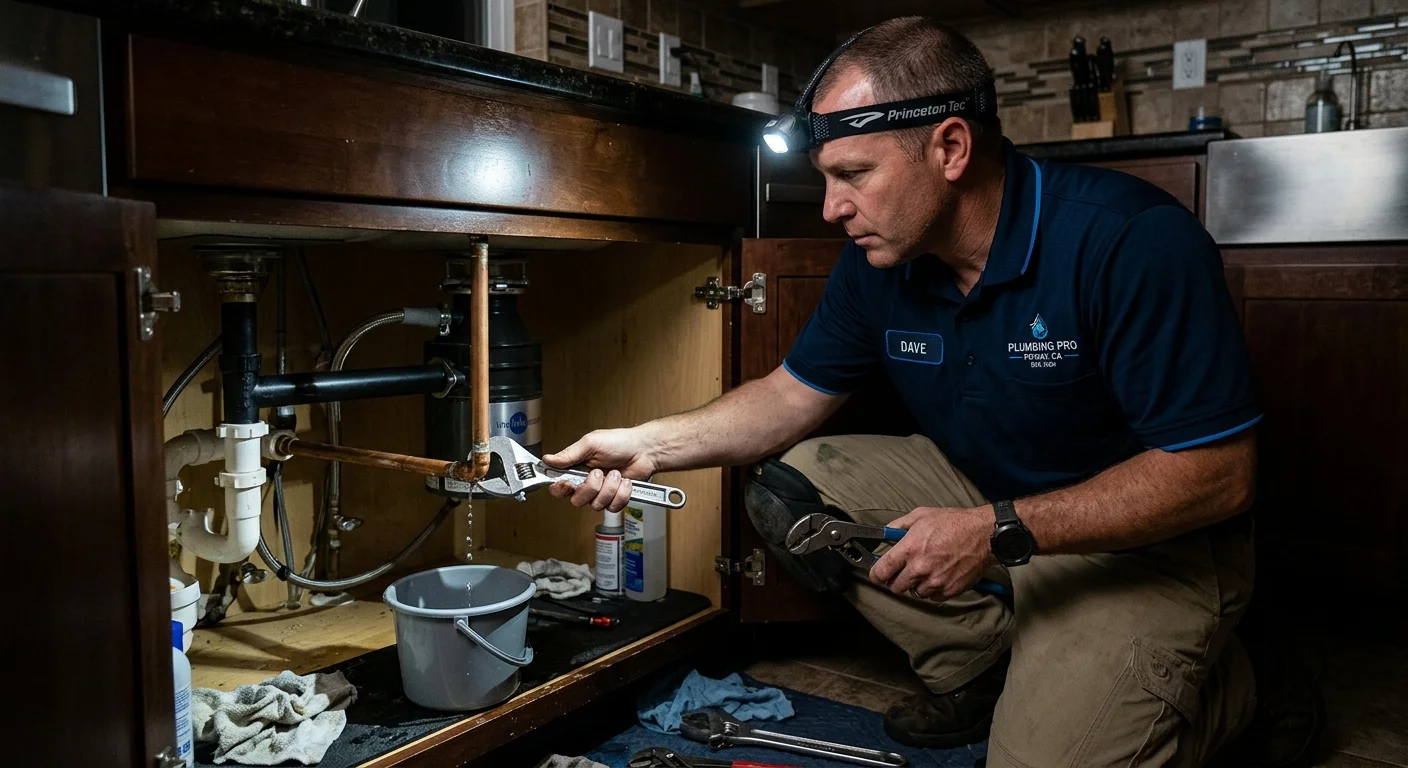 A plumber working with a headlamp to fix a leaking pipe under a sink in a Poway home at night, focused and professional