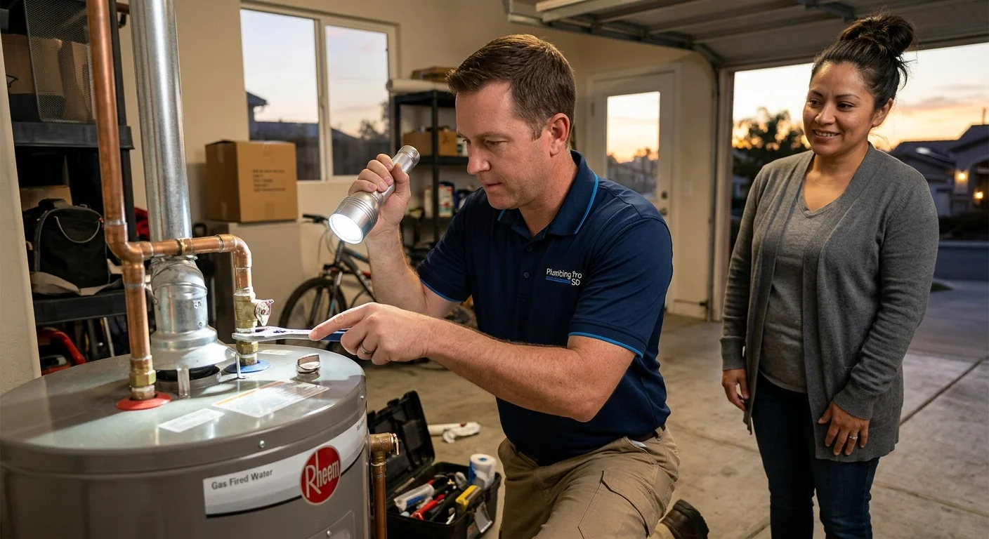 A plumber using a flashlight to inspect a water heater in a San Marcos garage during the evening, homeowner looking on with relief, photorealistic.