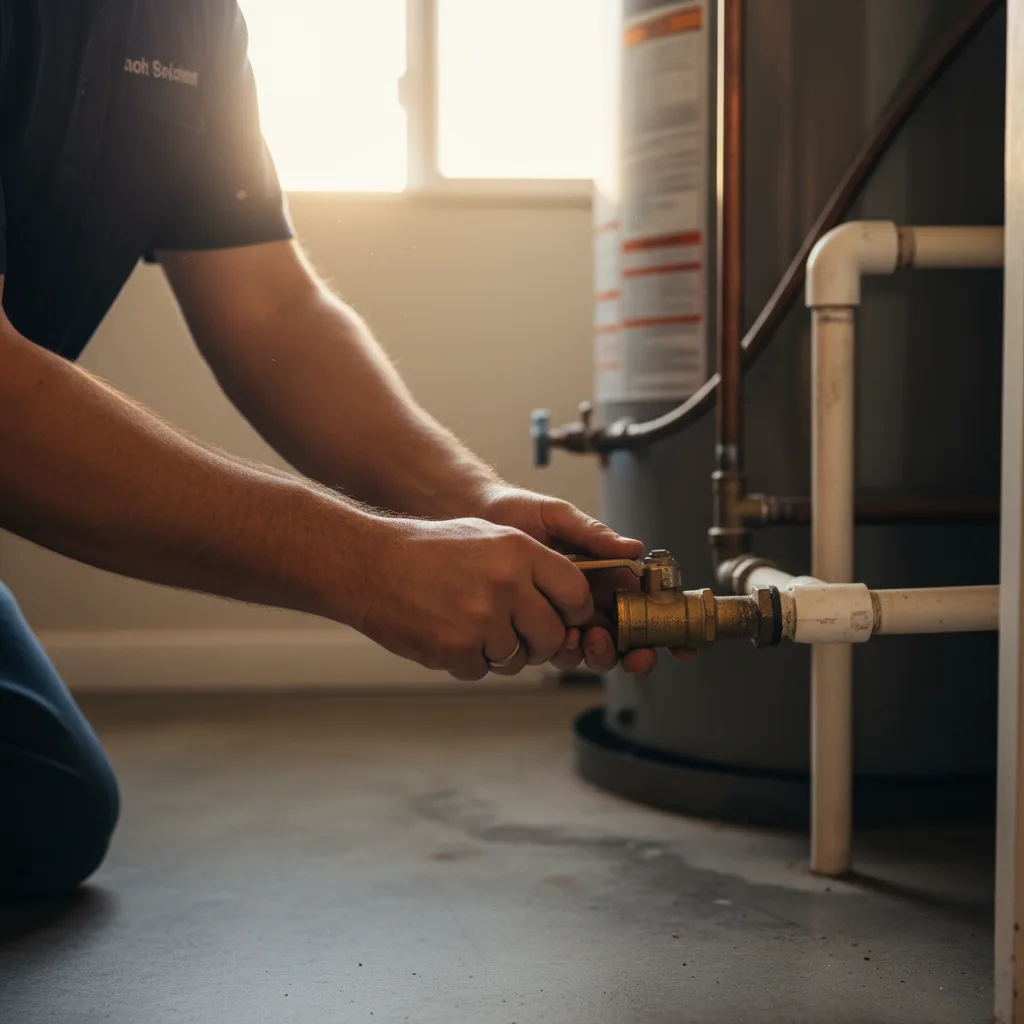 A close-up of a main water shut-off valve being turned by a plumber's hands, conveying quick, decisive action, photorealistic.