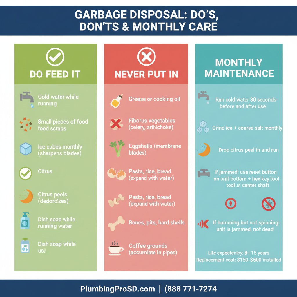 Infographic: garbage disposal do's and don'ts plus monthly maintenance schedule for San Diego homeowners