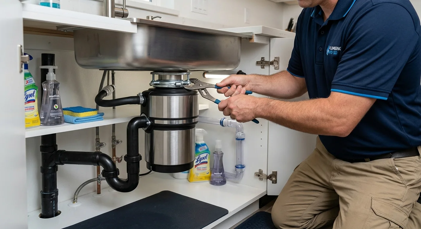 A new stainless steel garbage disposal unit being installed under a modern kitchen sink, plumber's hands visible, clean cabinet interior