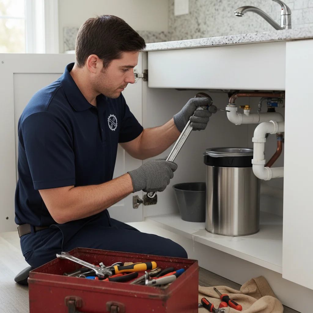 A plumber installing a new stainless steel garbage disposal under a kitchen sink.