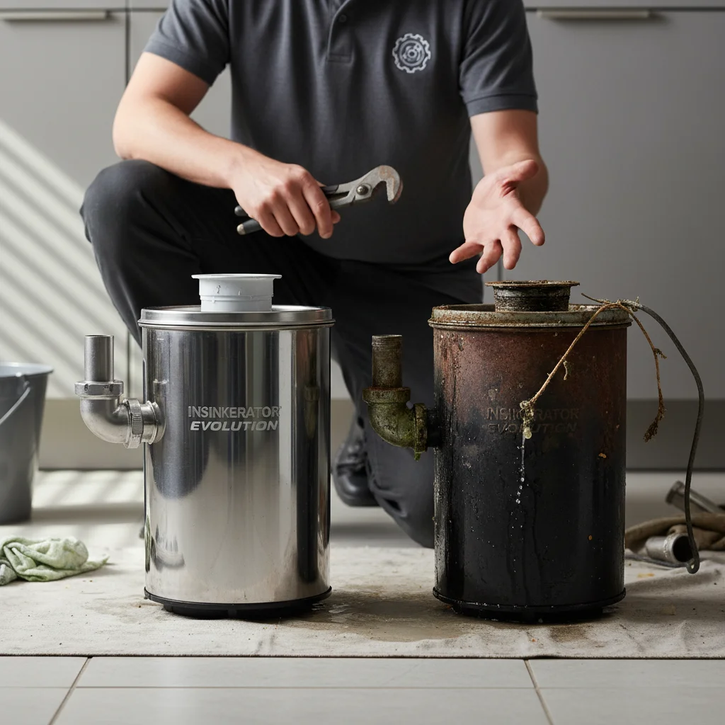 A new and old garbage disposal side by side on a kitchen floor.