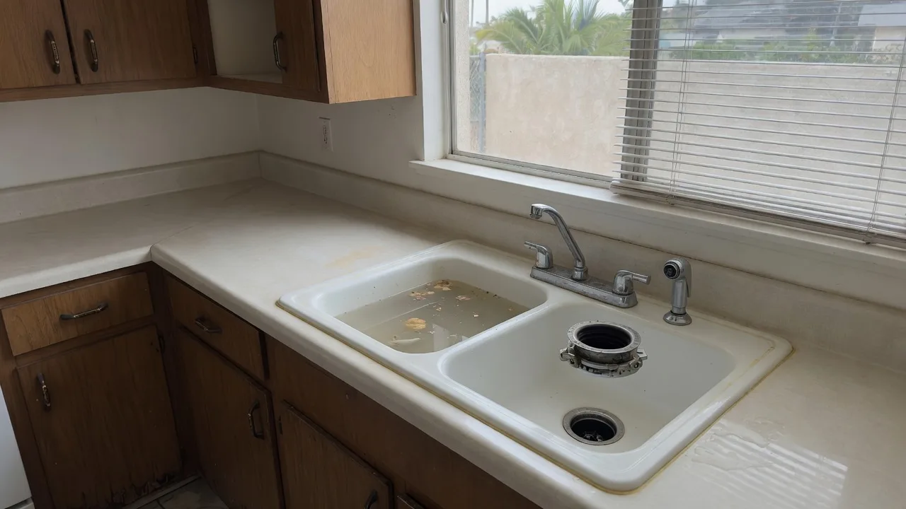 Fregadero de cocina en San Diego con agua parada y la brida del triturador abierta