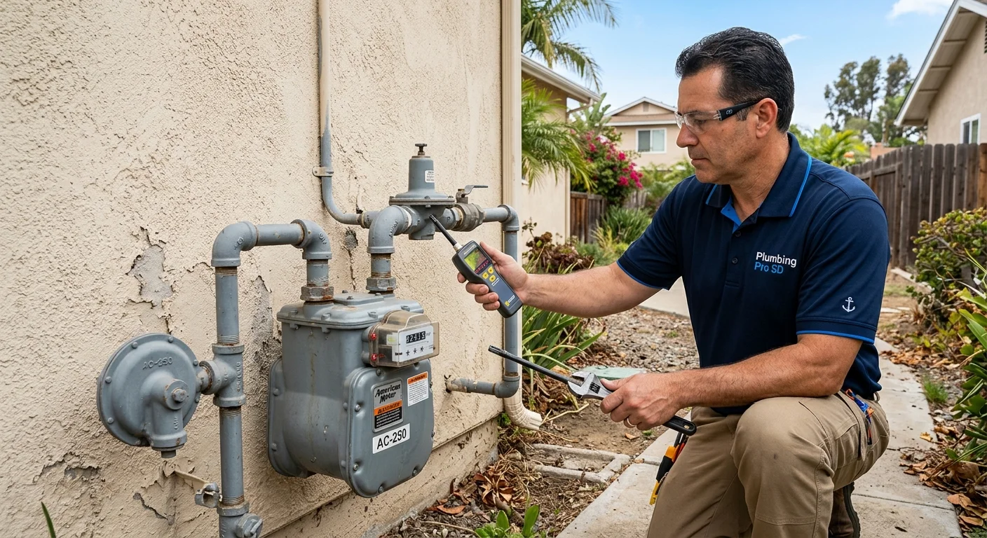 Outdoor gas meter on the side of a stucco San Diego home.