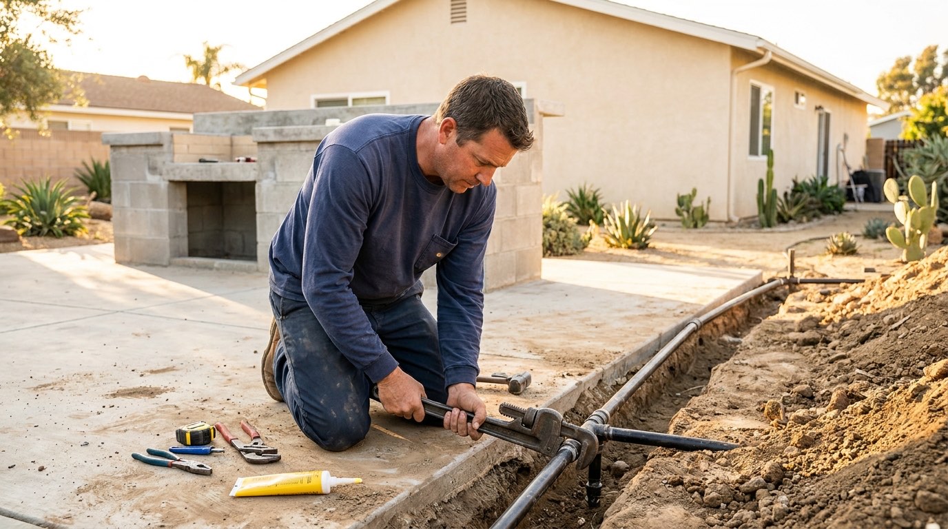 A plumber connects a new black iron gas line for an outdoor kitchen island at a San Diego home