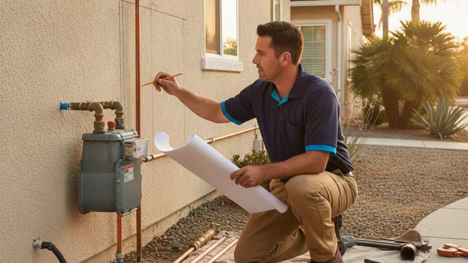 Plumber planning a residential gas piping route beside an outdoor meter