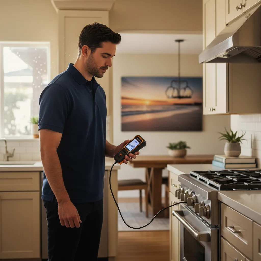 A plumber using a gas leak detector near an appliance connection indoors, focused, warm light, photorealistic